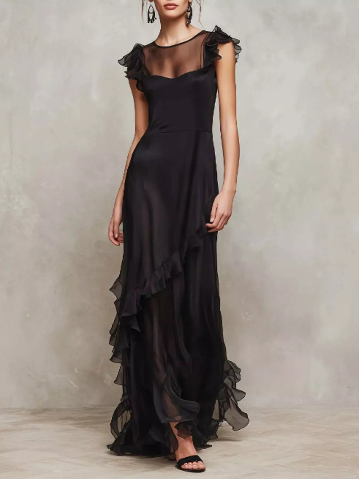Sheer Ruffle Trim Maxi Dress | Black