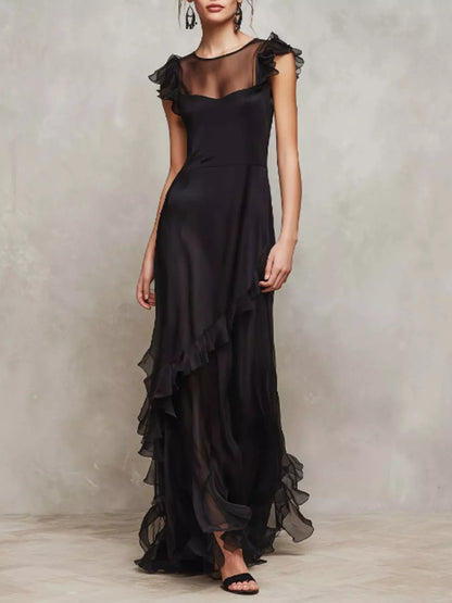 Sheer Ruffle Trim Maxi Dress | Black
