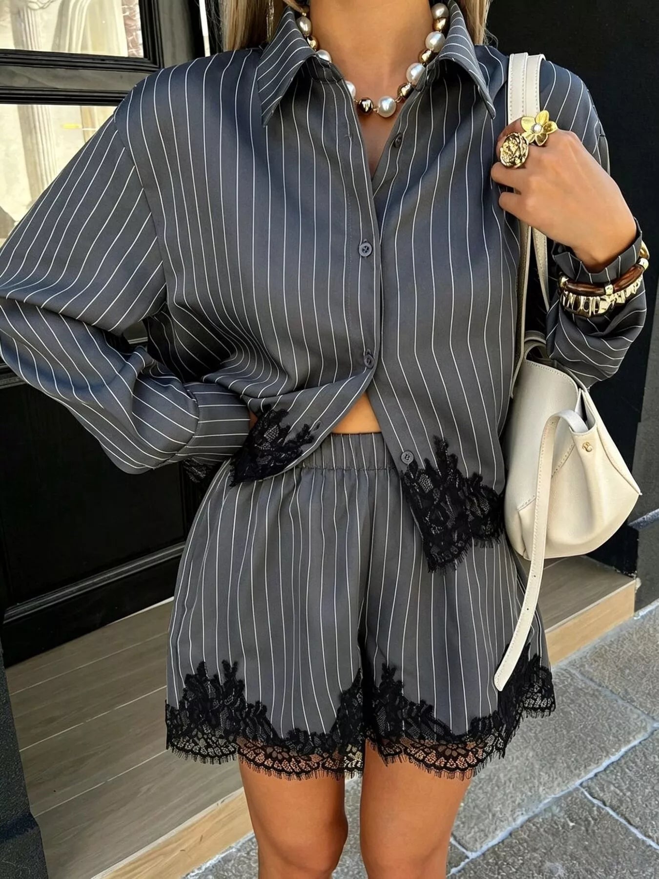 Lace Trim Striped Button-Down Shirt and Shorts Set
