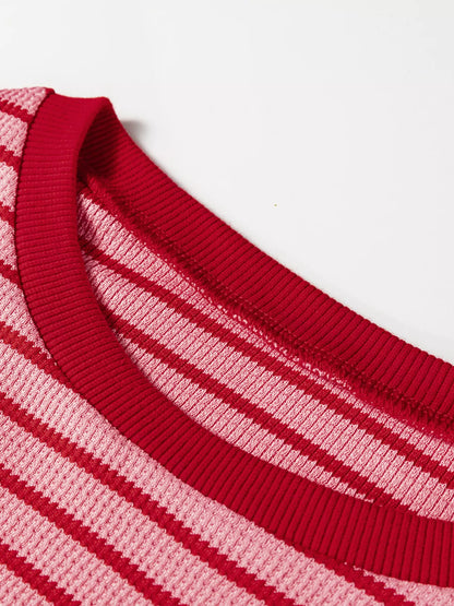 Stripe Textured Round Neck Drop Shoulder Long Sleeve T Shirt