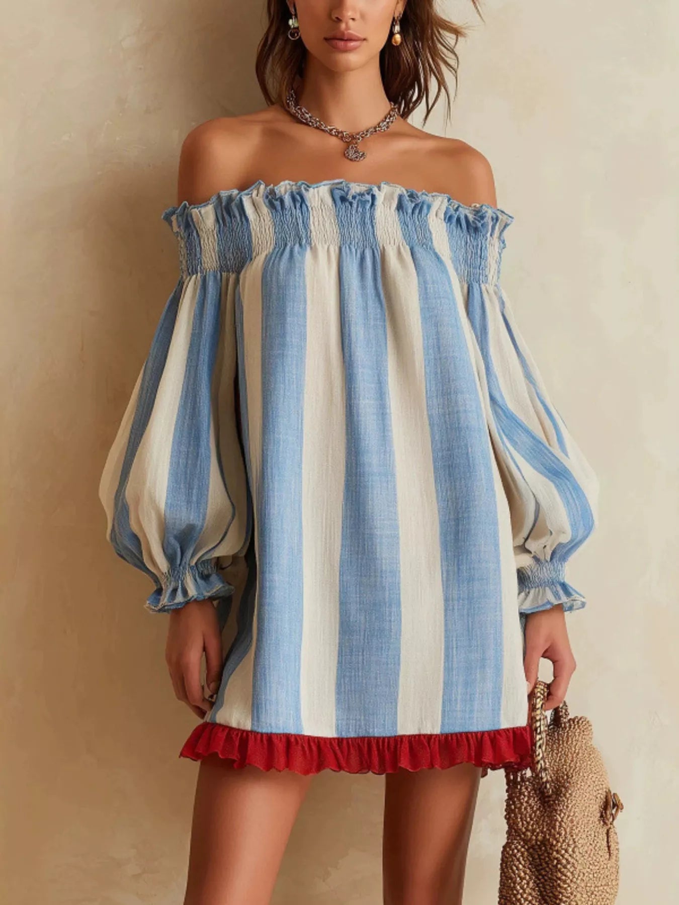 Off-Shoulder Striped Ruffle Hem Mini Dress