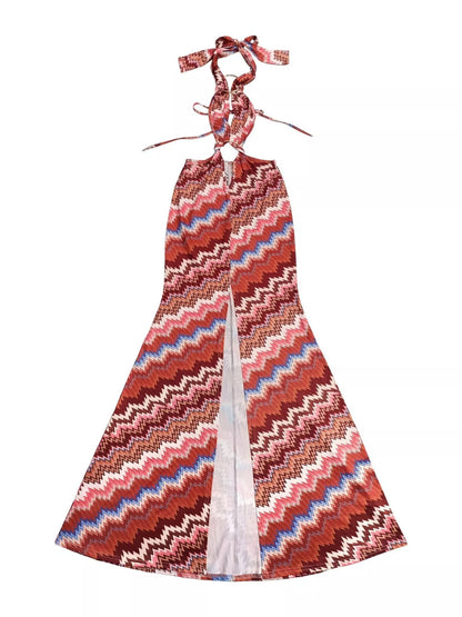 Chevron Print Halter Neck Cut-Out Maxi Dress
