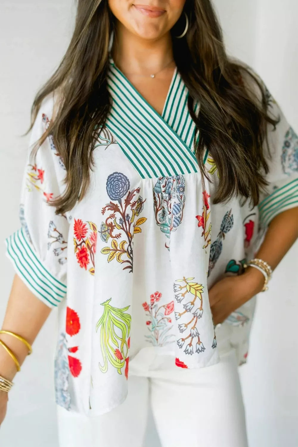 Floral Print Striped Contrast Trim V Neck Half Sleeve Blouse
