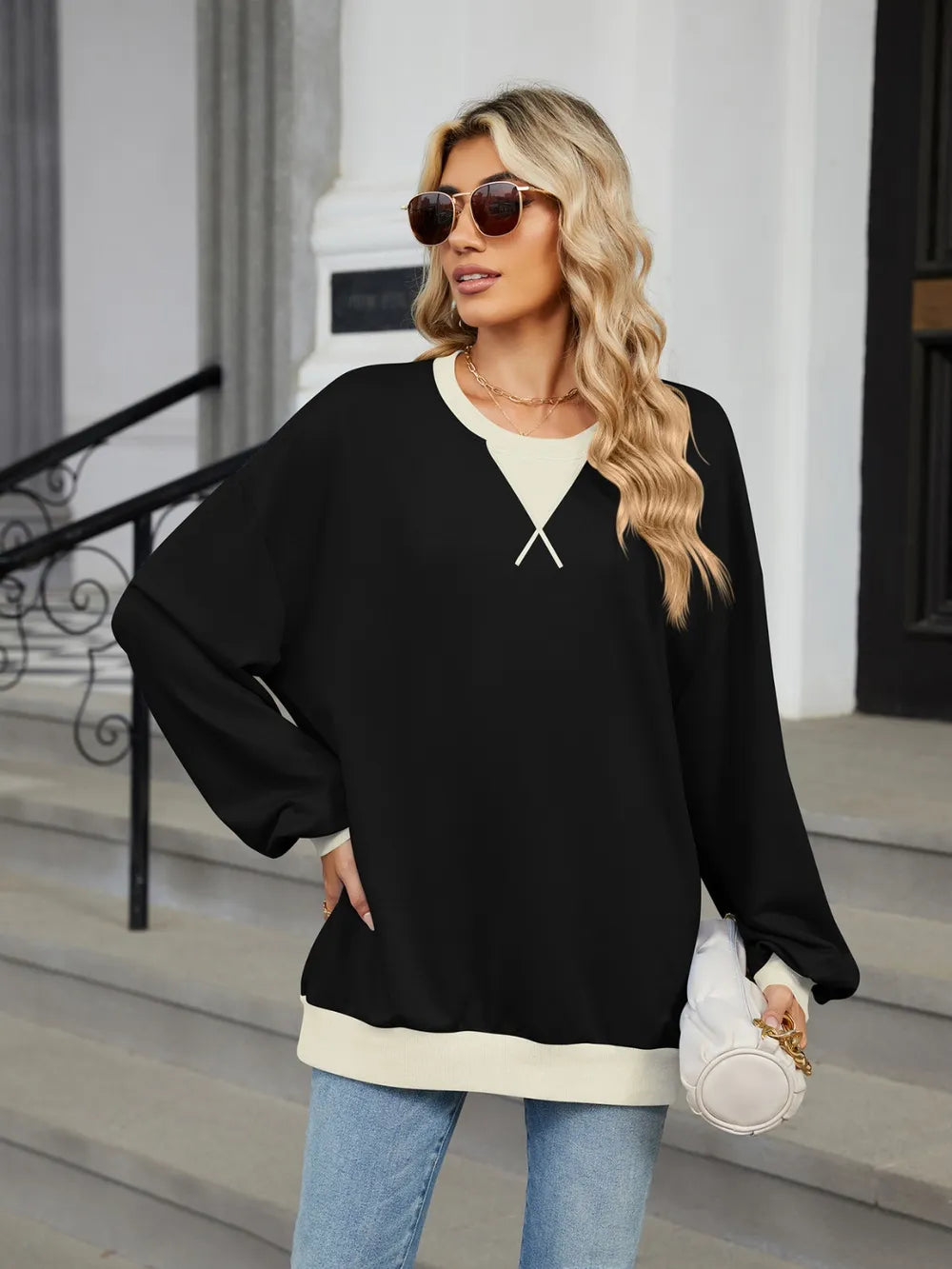 Contrast Round Neck Long Sleeve Sweatshirt