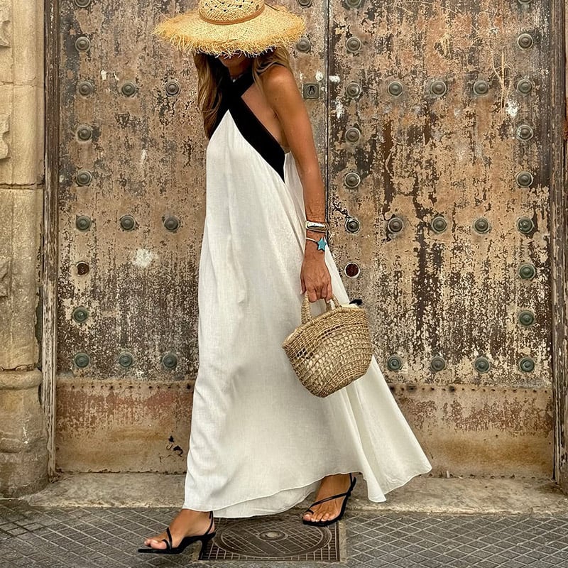 Elegantes Kleid mit überkreuztem Rücken und Kontrastfarbe 