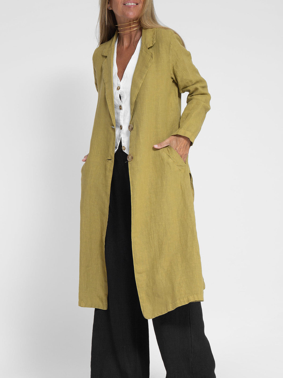 Cotton Lapel Neck and Pocket Long Jacket