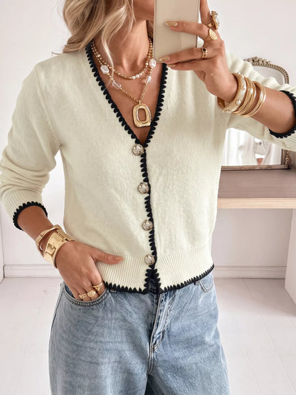 Contrast Trim V-Neck Button-Down Cardigan