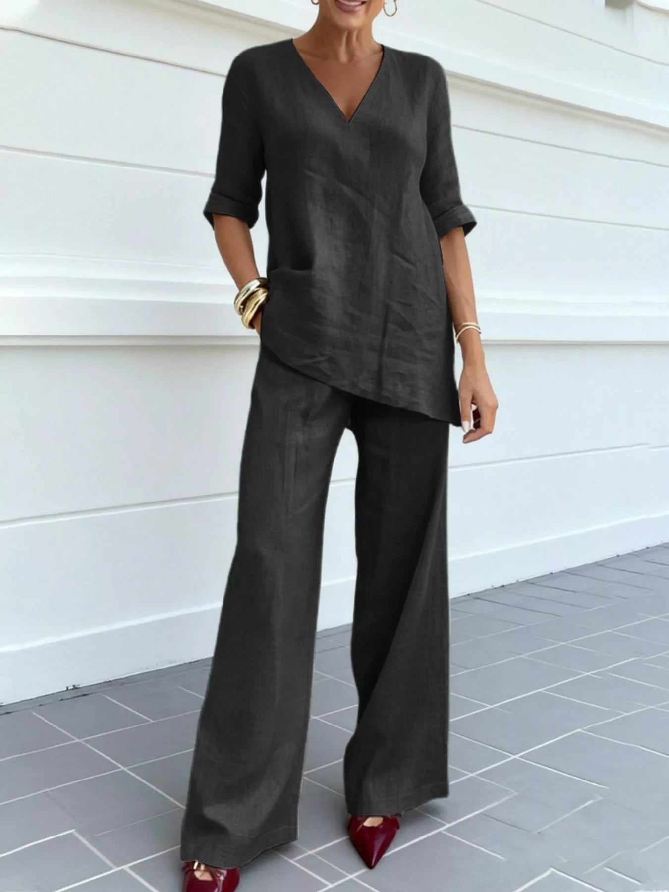 Full Size V-Neck Half Sleeve Top and Pants Set Plus Size