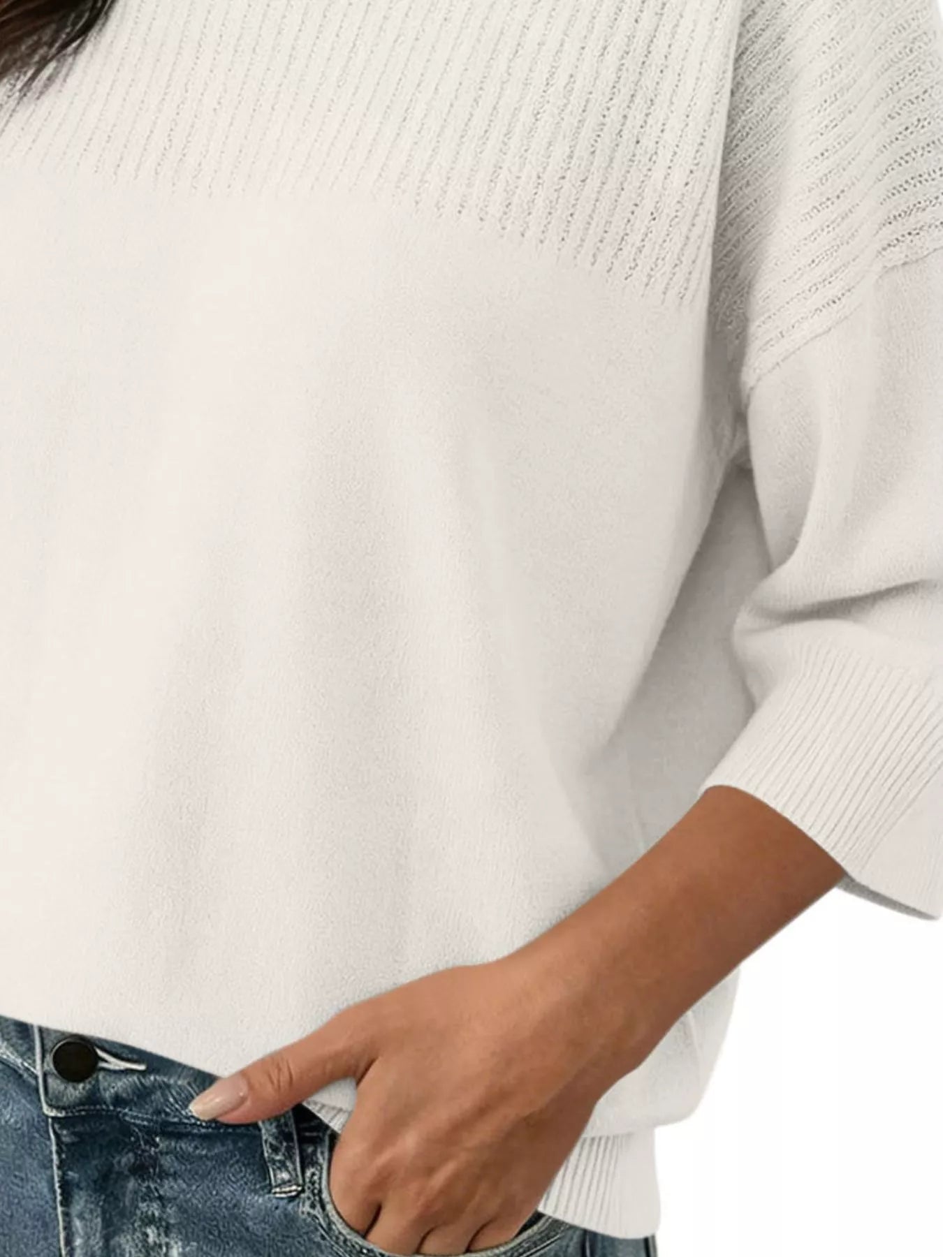 Elegant Crew Neck Eyelet Ribbed Sweater