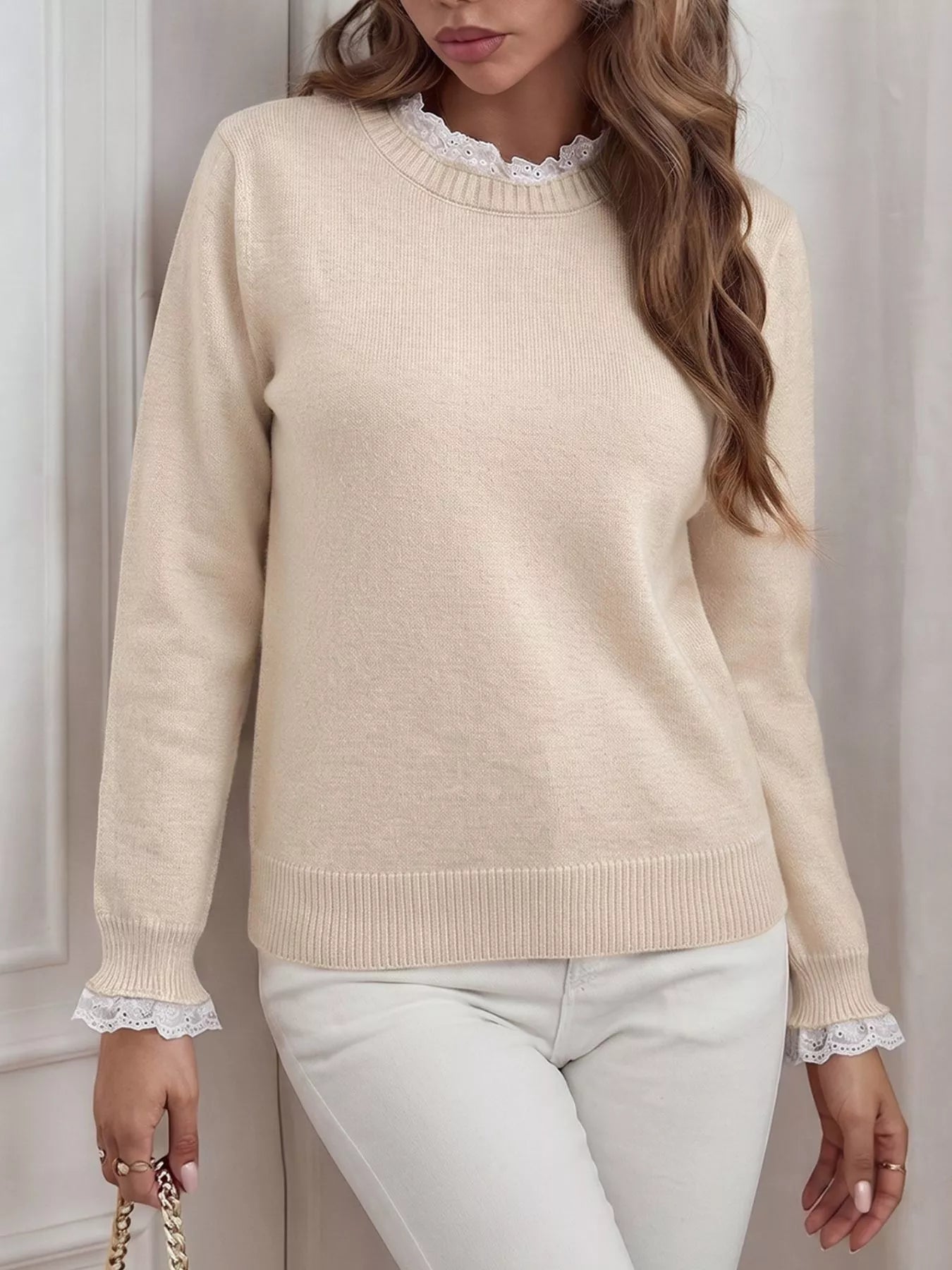 Elegant Lace Trim Round Neck Sweater
