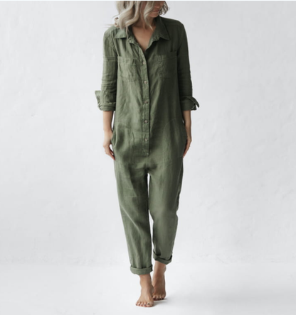 Casual lapel pocket long sleeve solid color cotton jumpsuit