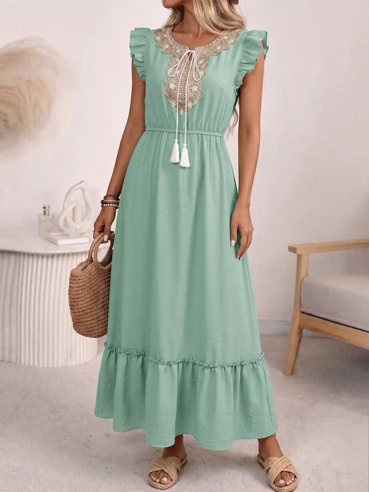 Tie Neck Ruffle Sleeve Maxi Dress