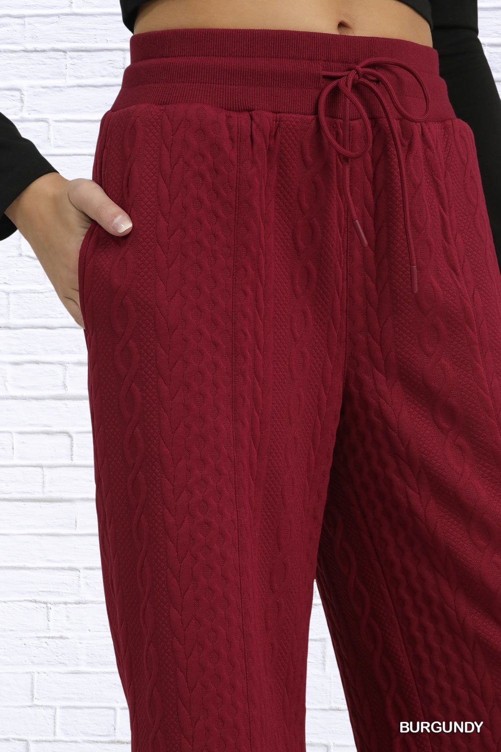 Burgundy Cable Knit Textured Wide Leg Pants