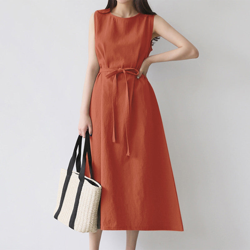 Casual Sleeveless Belted Cotton Dress