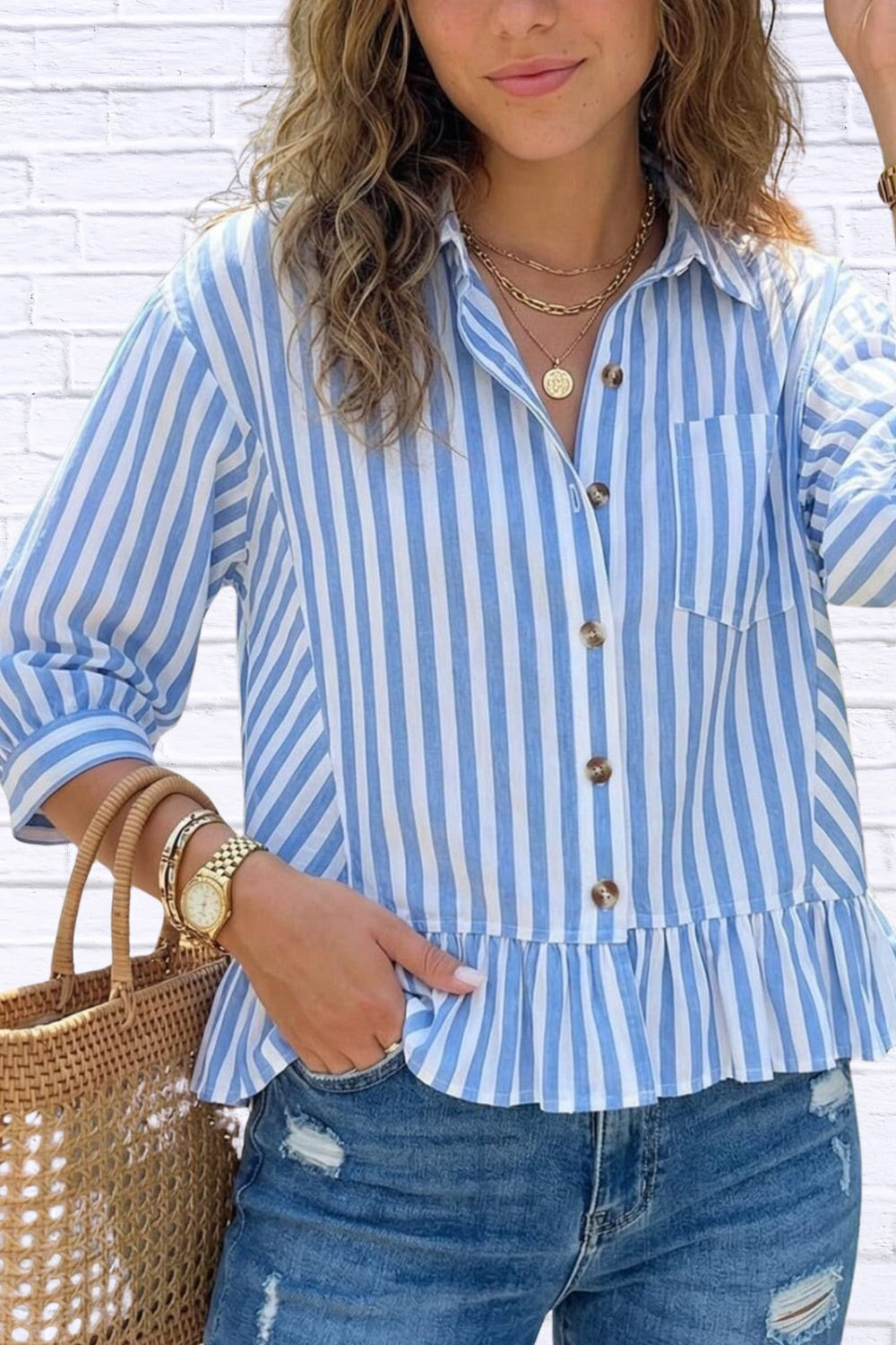 Striped Ruffle Hem Button-Down Shirt | Chic Women’s Top