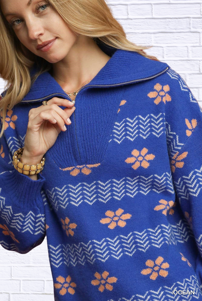 Umgee Floral Patterned Jacquard Quarter-Zip Pullover Sweater