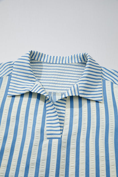 Sky Blue Stripe 3/4 Sleeve Collared Neck Blouse
