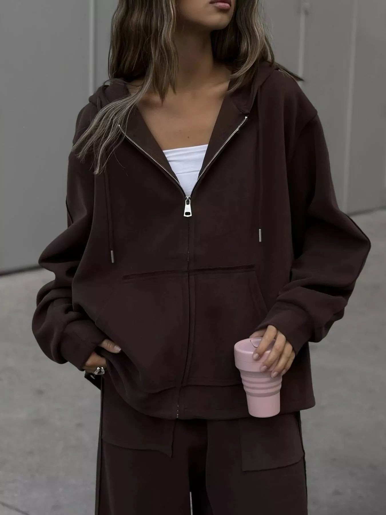 Oversized Zip-Up Hoodie and Wide-Leg Pants Set