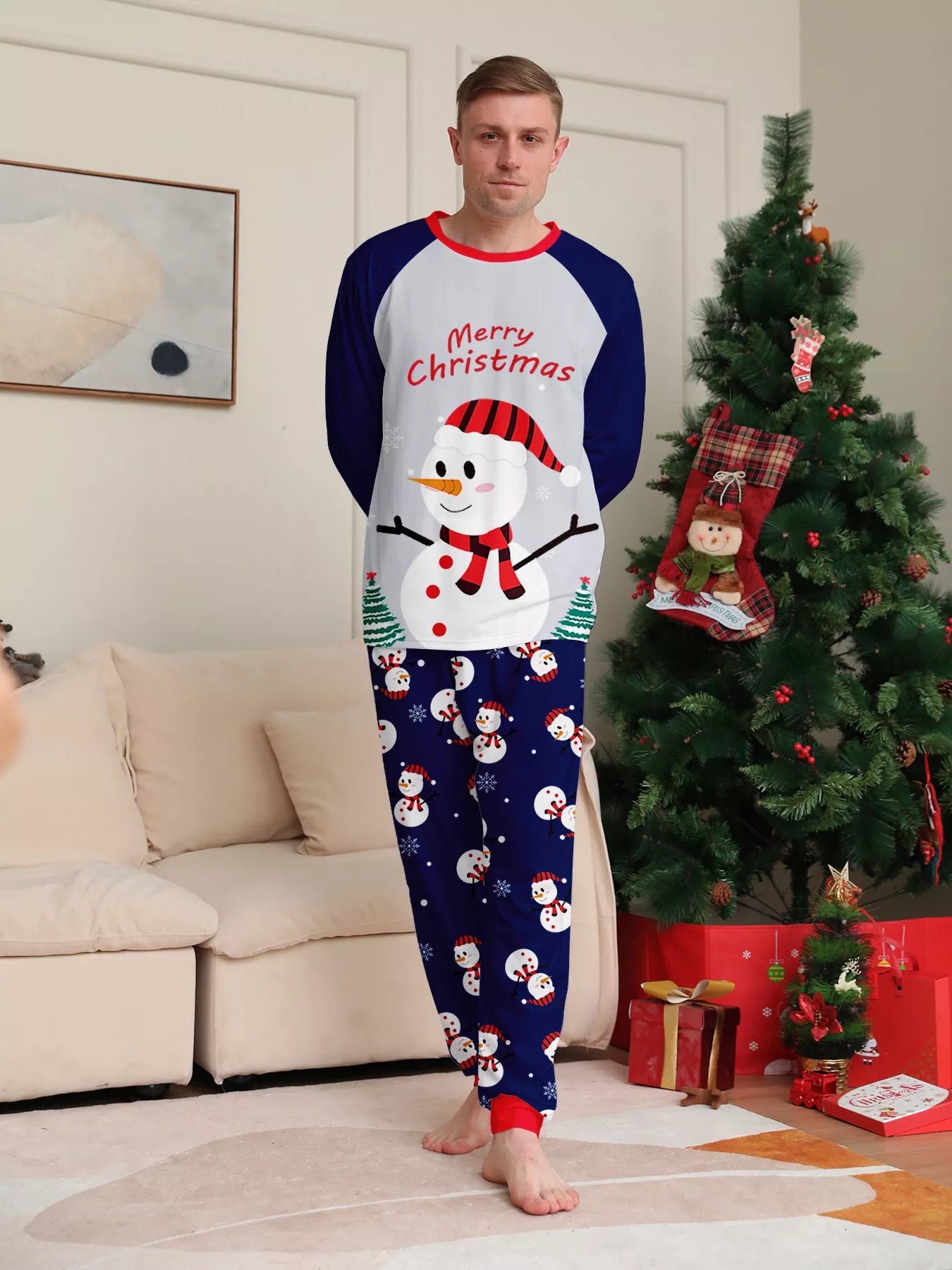 Full Size Family Matching Christmas Snowman Print Pajama Set Plus Size