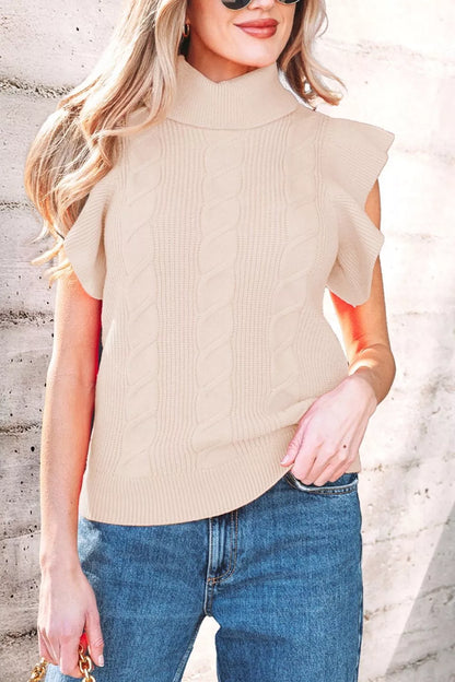 Cable Knit Turtleneck Ruffled Short Sleeve Sweater