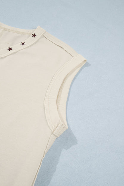 White Horseshoe Embroidered Star Trim V Neck Loose Tank Top
