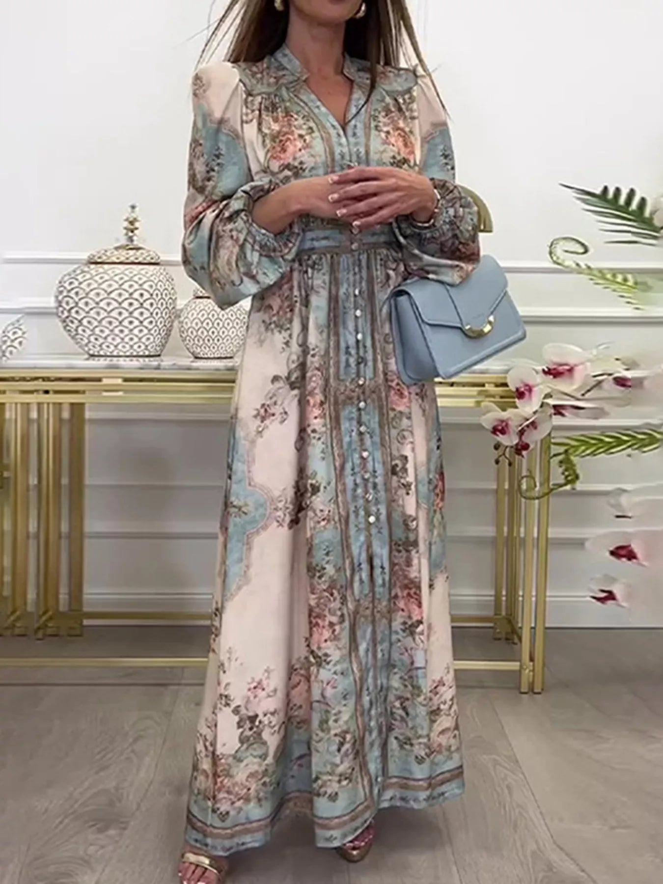 Full Size Floral Print Maxi Dress with Puff Sleeves Plus Size