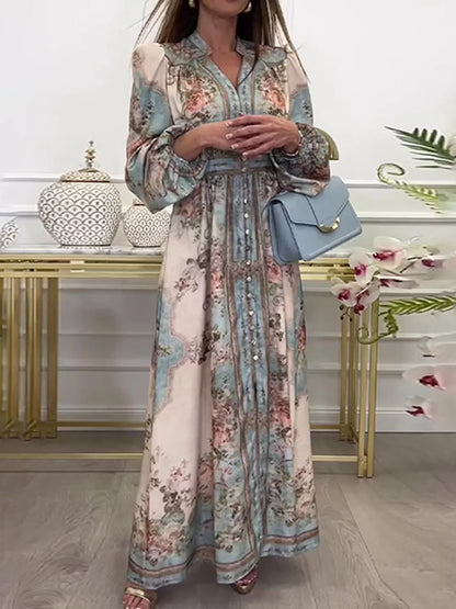 Full Size Floral Print Maxi Dress with Puff Sleeves Plus Size