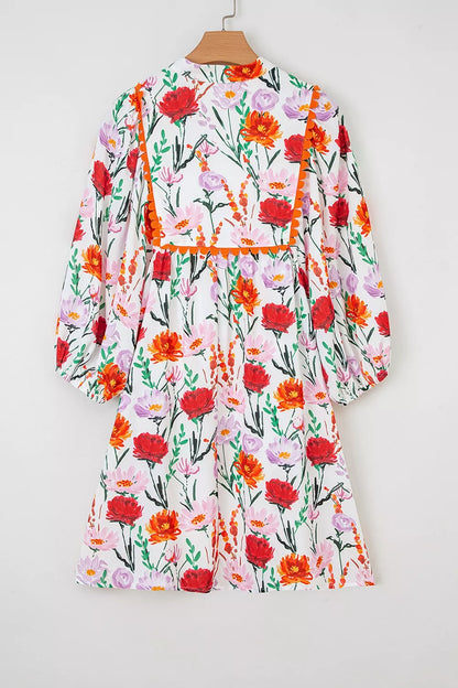 Floral Print 3/4 Puff Sleeve Ricrac Trim Mini Dress