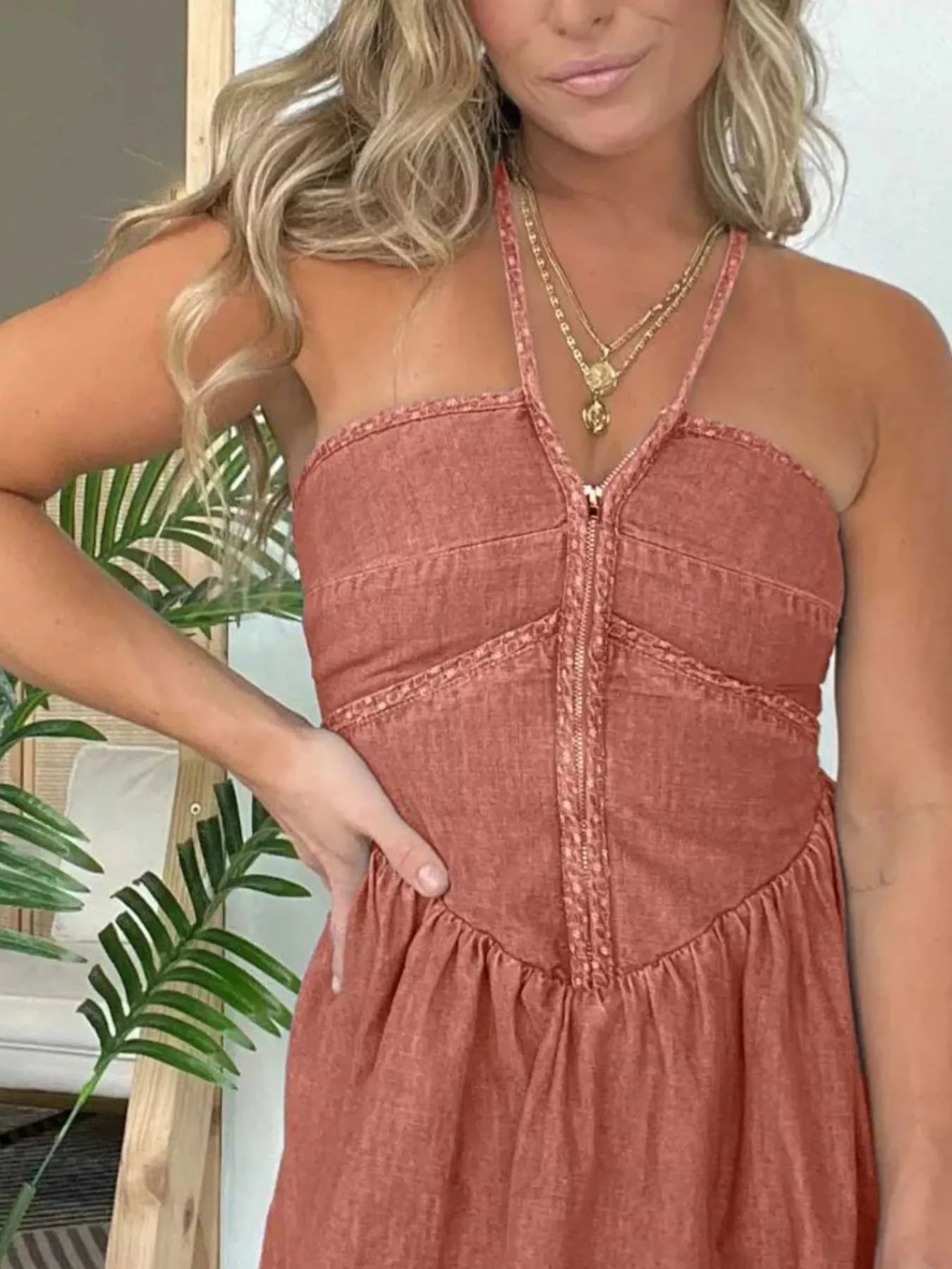 Full Size Denim Halter Neck Mini Dress Plus Size