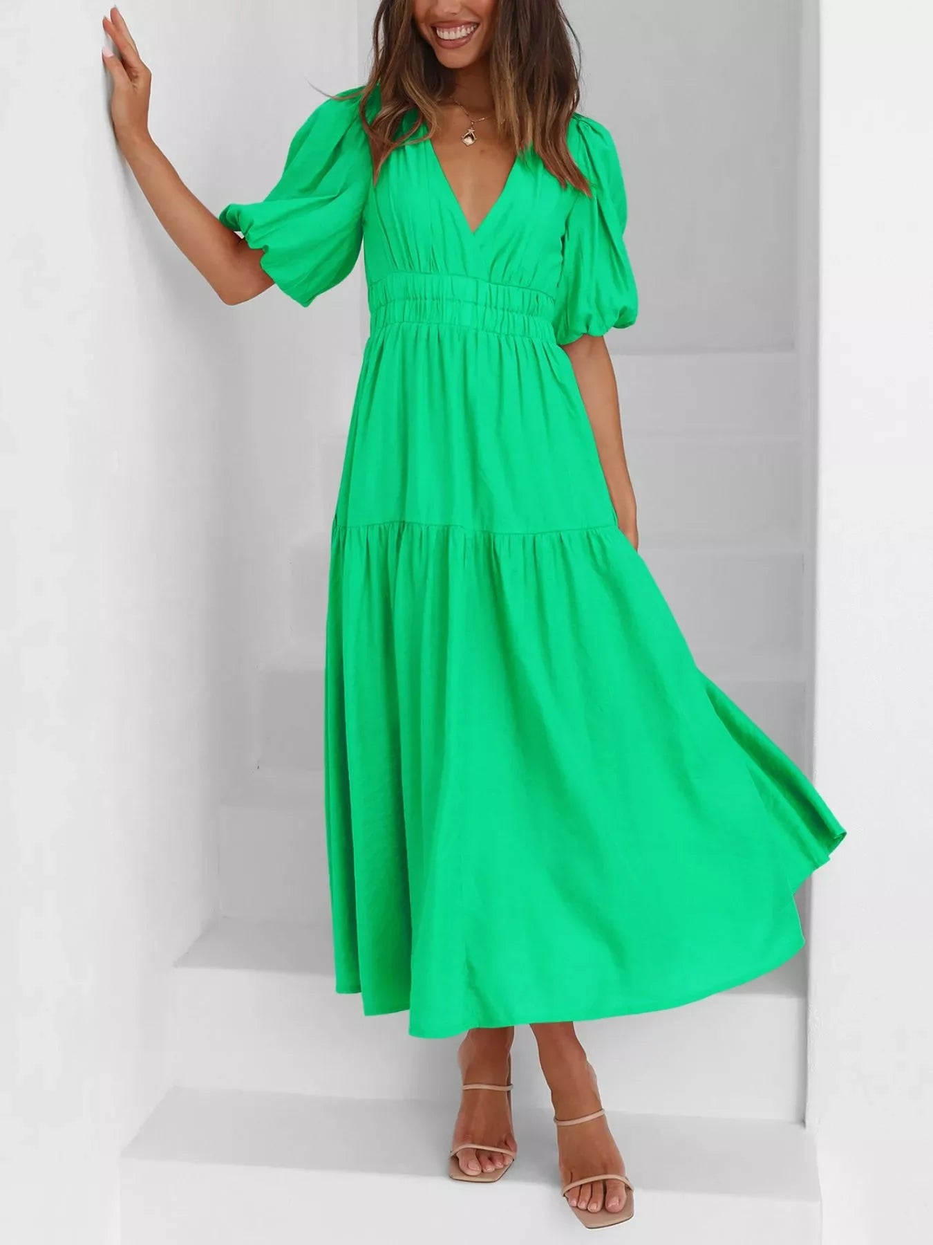 Elegant Puff Sleeve V-Neck Midi Dress