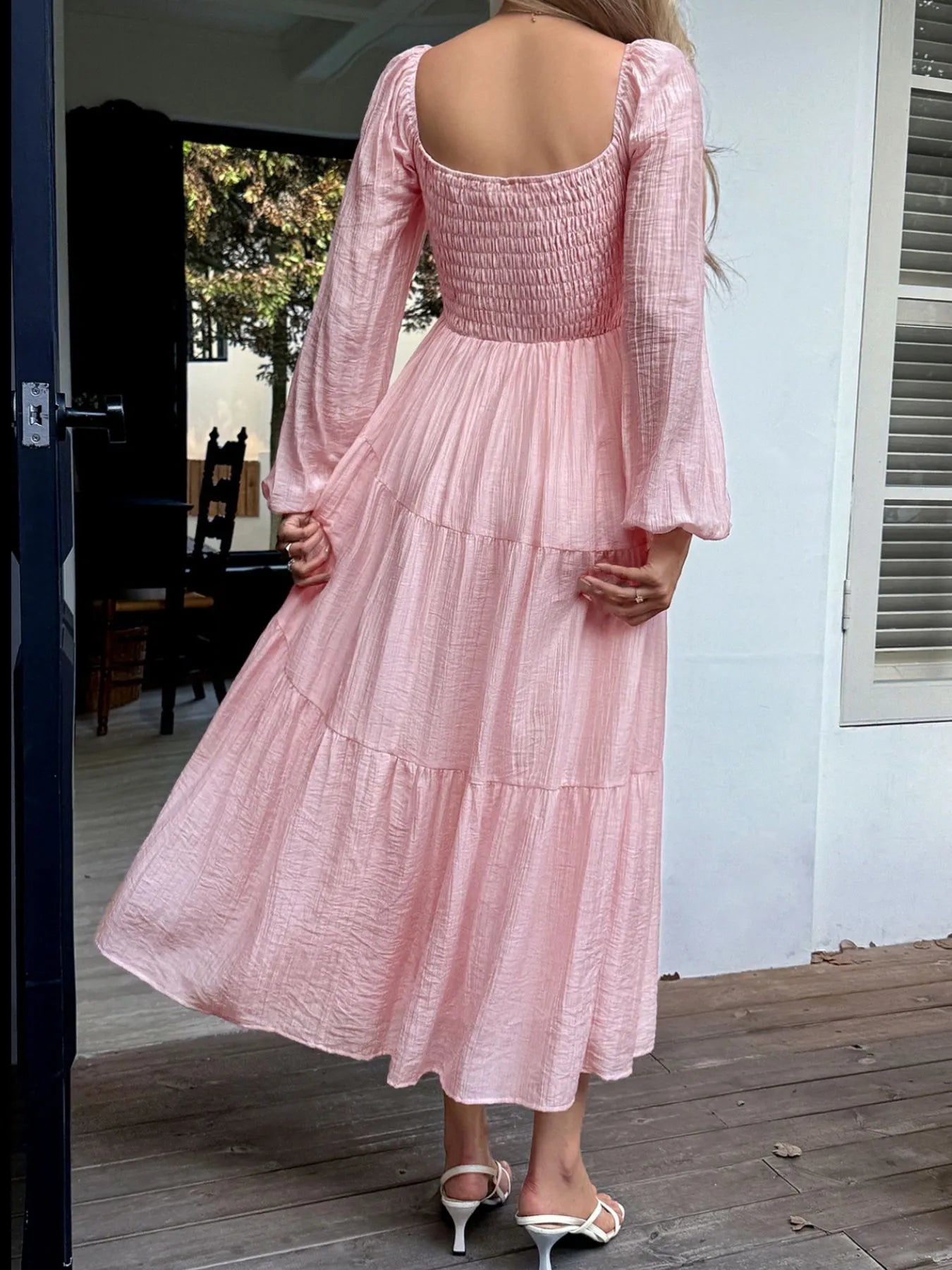 Tiered Balloon Sleeve Midi Dress