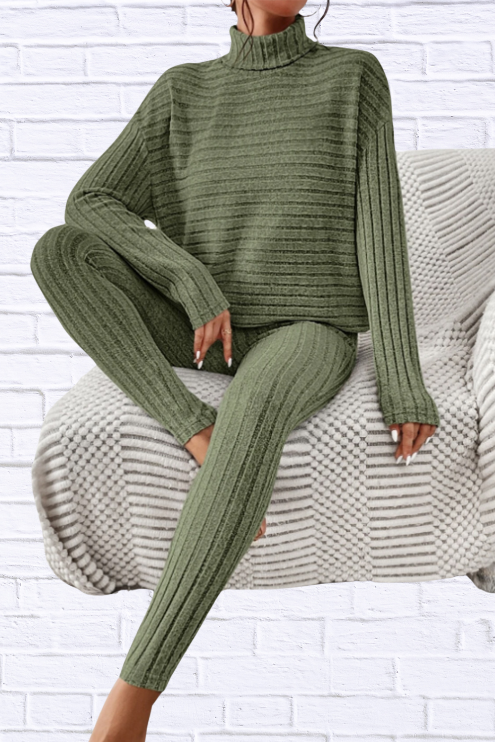 Ribbed Turtleneck Top and Pants Set