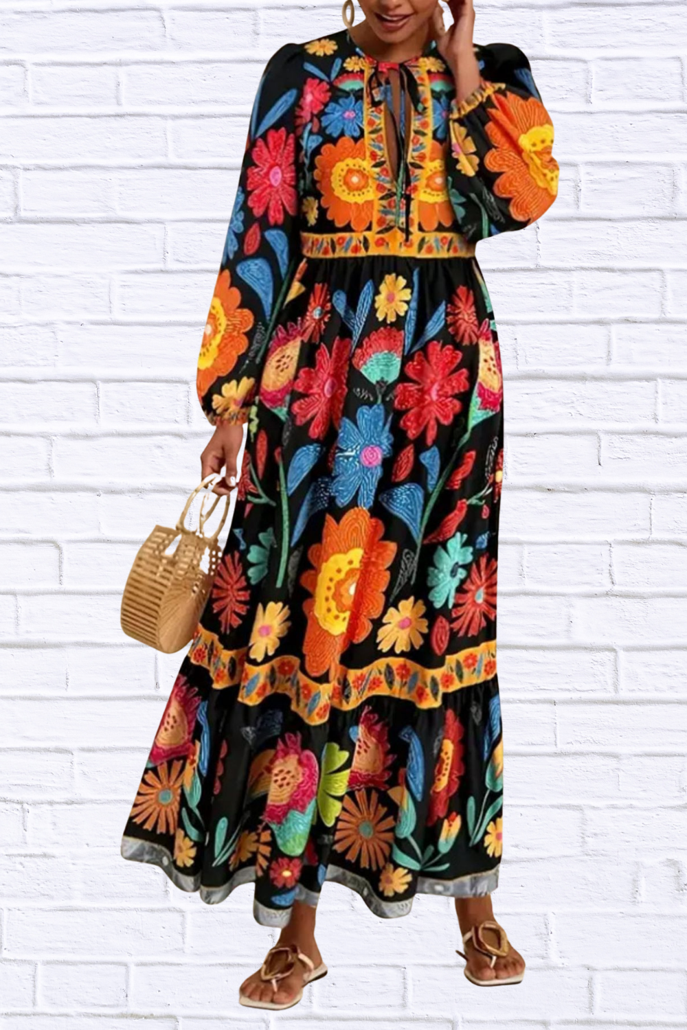 Floral Tie Waist Long Sleeve Dress