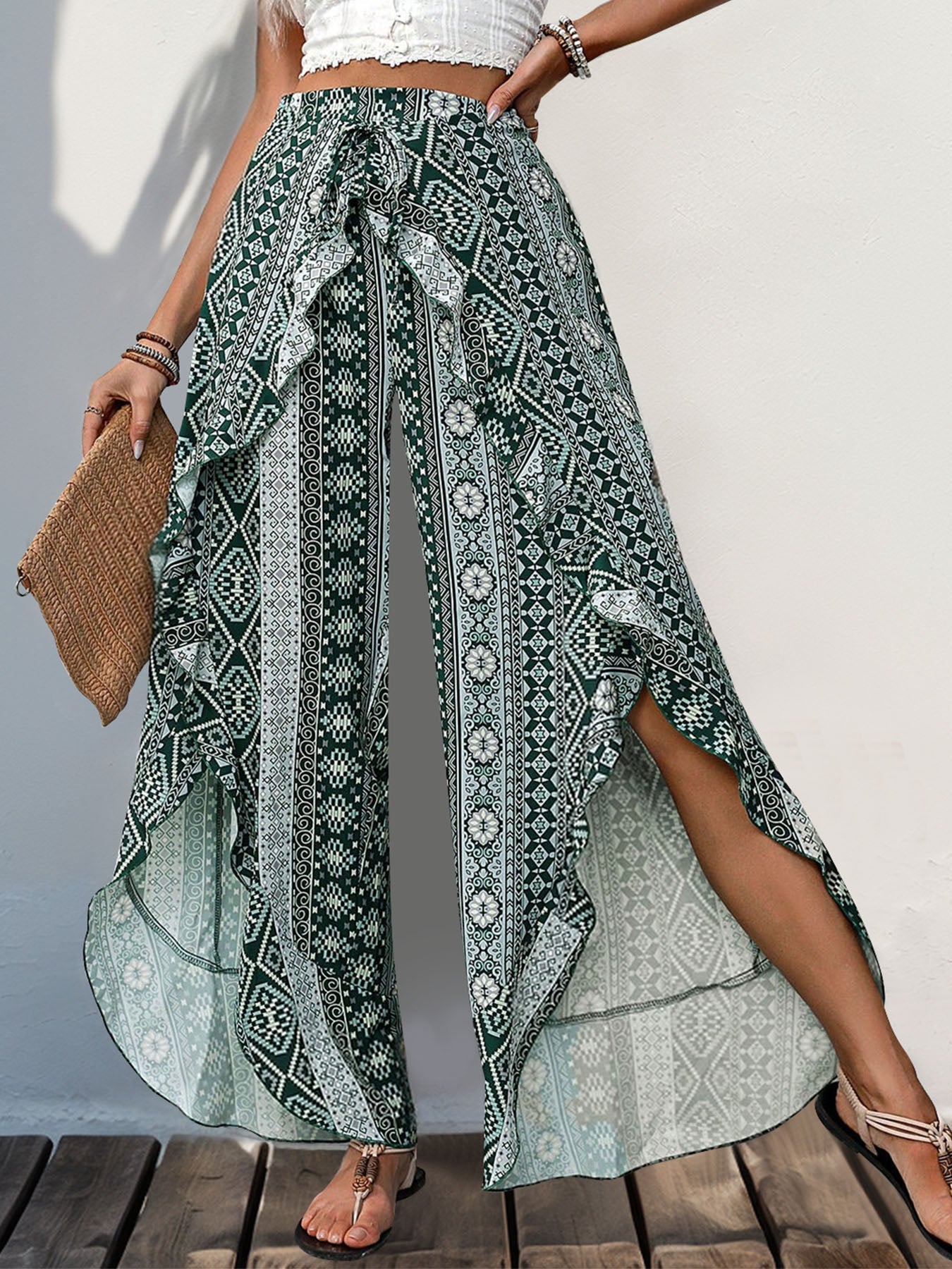 Blue Zone Planet | Slit Ruffled Geometric Wide Leg Pants