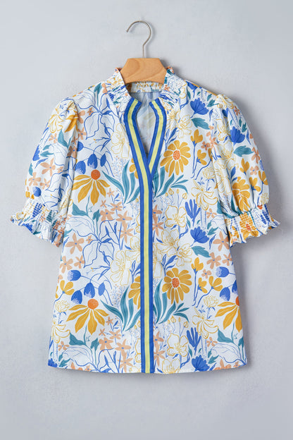 Yellow Floral Print Striped Trim V Neck Puff Sleeve Blouse