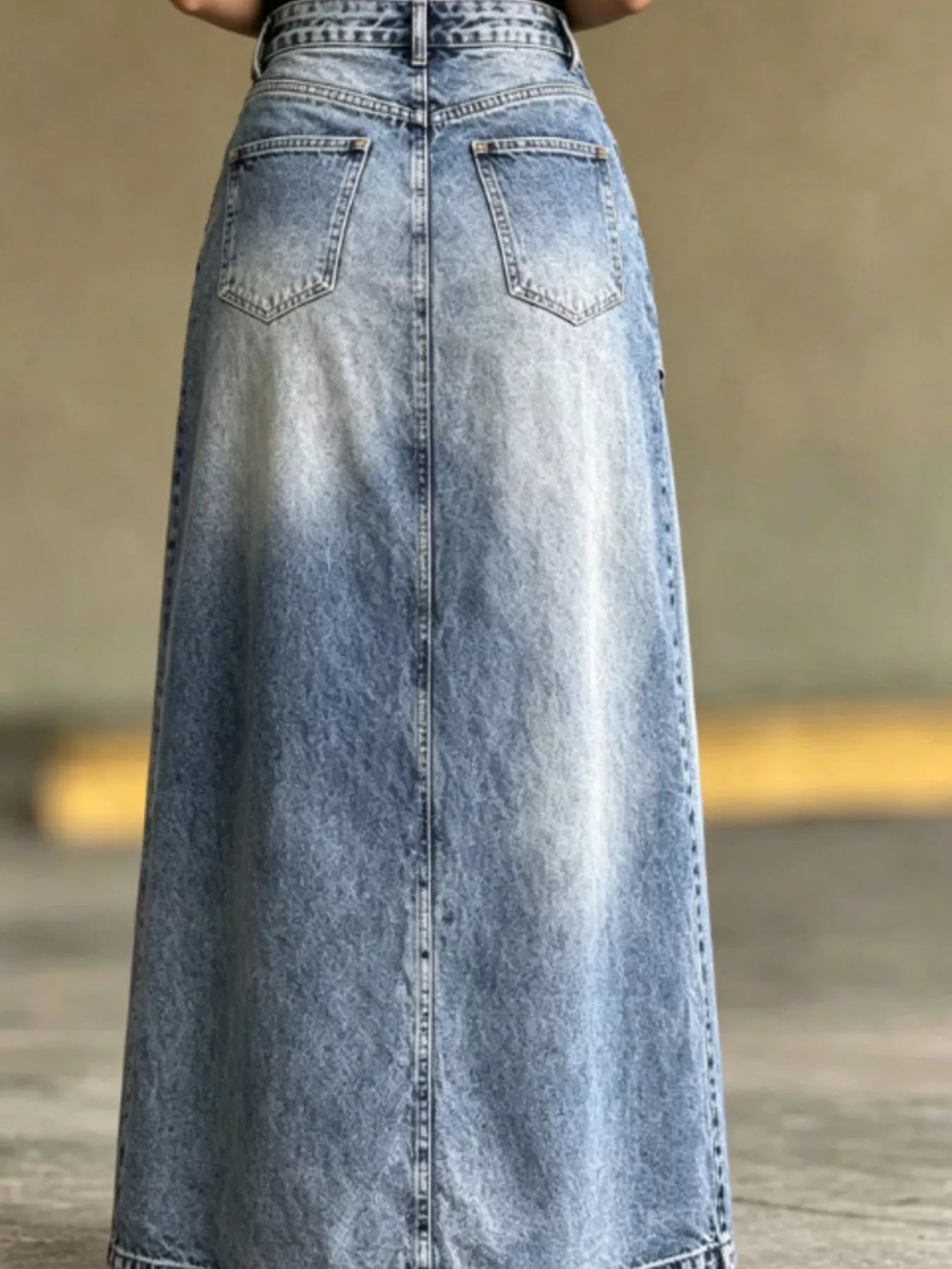 High-Waisted Asymmetric Slit Denim Maxi Skirt