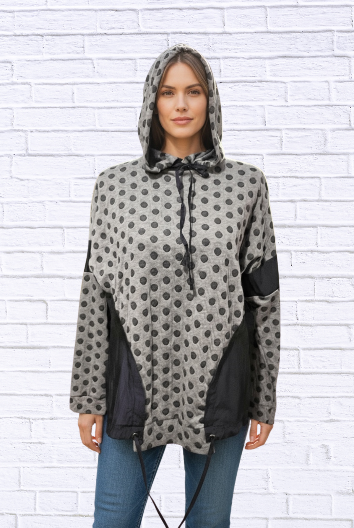 Polka Dot Contrast Panel Hoodie – Casual Drawstring Long Sleeve Sweatshirt
