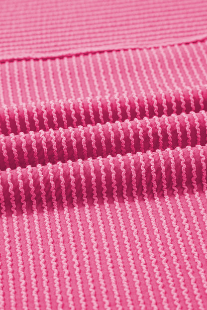 Bright Pink Plain Corded Knit Mock Neck T Shirt