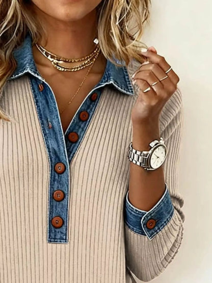 Denim Trim Ribbed Knit Top | Plus Size