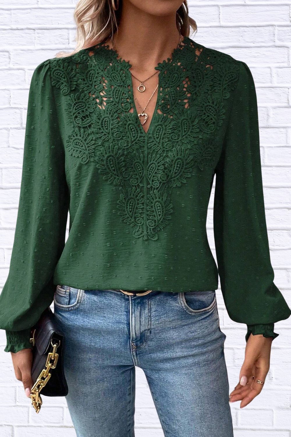 Swiss Dot Lace Detail Long Sleeve Blouse