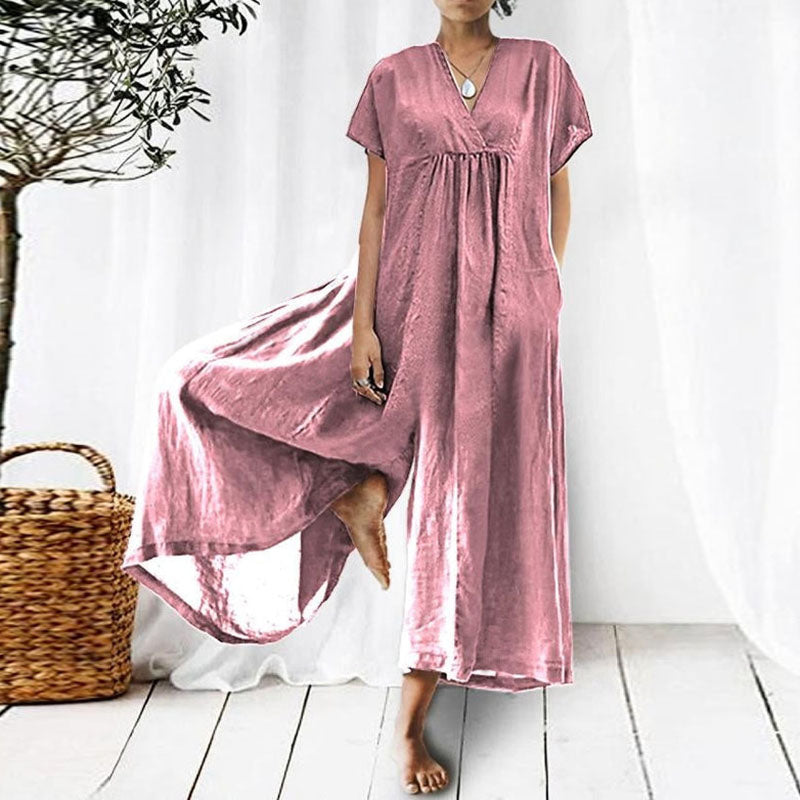 Loose V-neck Long Short Sleeves Jumpsuit