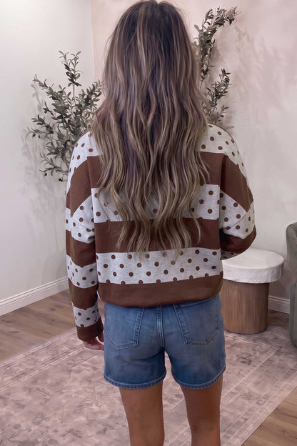 Brown Stripe Patchwork Polka Dot Accent Quarter Zip Long Sleeve Top