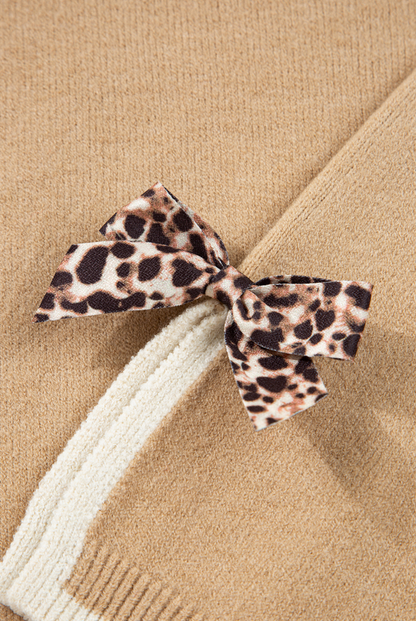 Leopard Bow Decor Split Cuff Contrast Trim Sweater