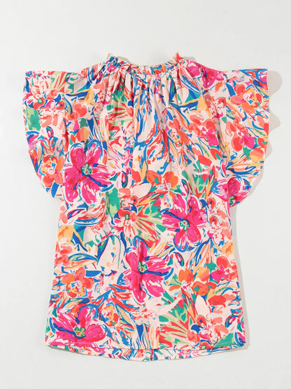 Multicolour Floral Ruffled Sleeve V Neck Summer Blouse