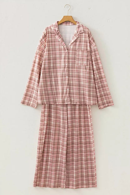 Plaid Patch Pockets Long Sleeve Lounge Set