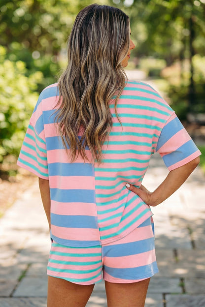 Pink Stripe Exposed Seam Mixed Patchwork Loose Short Set