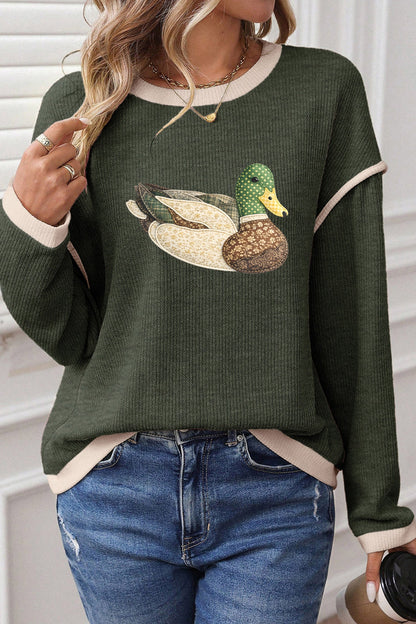 Four Leaf Clover Mallard Duck Graphic Contrast Trim Patchwork Casual Knit Top