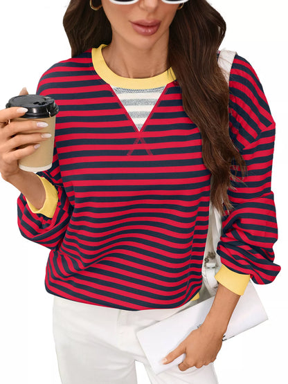 Contrast Trim Striped Crew Neck Sweatshirt