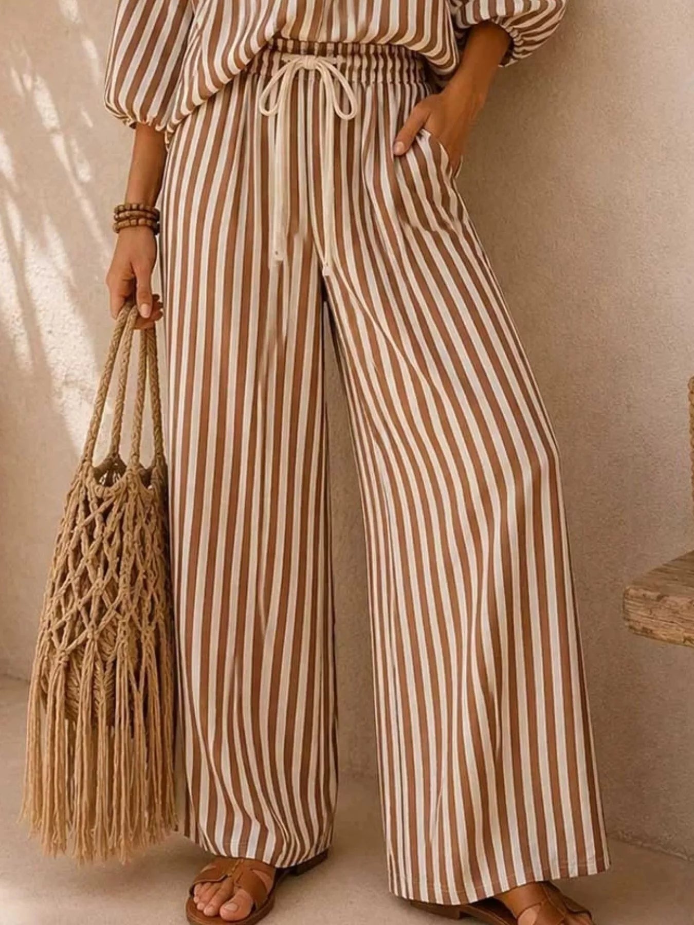 : Plus Size Striped Puff Sleeve Shirt & Wide-Leg Pants Set