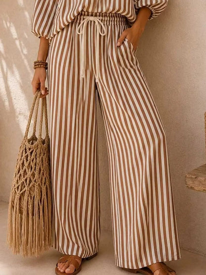 : Plus Size Striped Puff Sleeve Shirt & Wide-Leg Pants Set